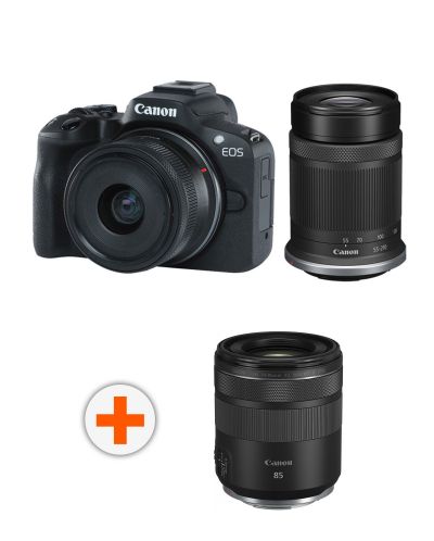 Безогледален фотоапарат Canon - EOS R50 + RF-S 18-45mm, f/4.5-6.3 IS STM + 55-210mm, f/5-7.1 IS STM + Обектив Canon - RF 85mm f/2 Macro IS STM - 1